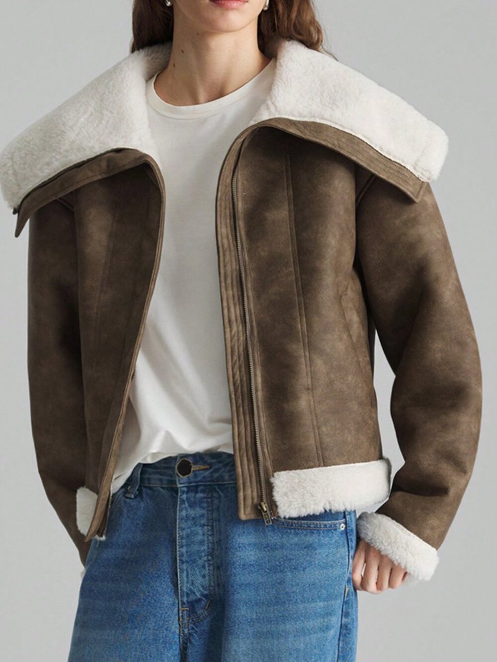 Mocha Brown Casual Women's Plush Zip-Front Oversized Faux Fur Jacket